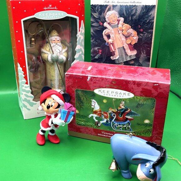 Hallmark Ornaments Disney Minnie Eeyore Folk Art Santa Victorian Sleigh Lot of 5 - Picture 1 of 8